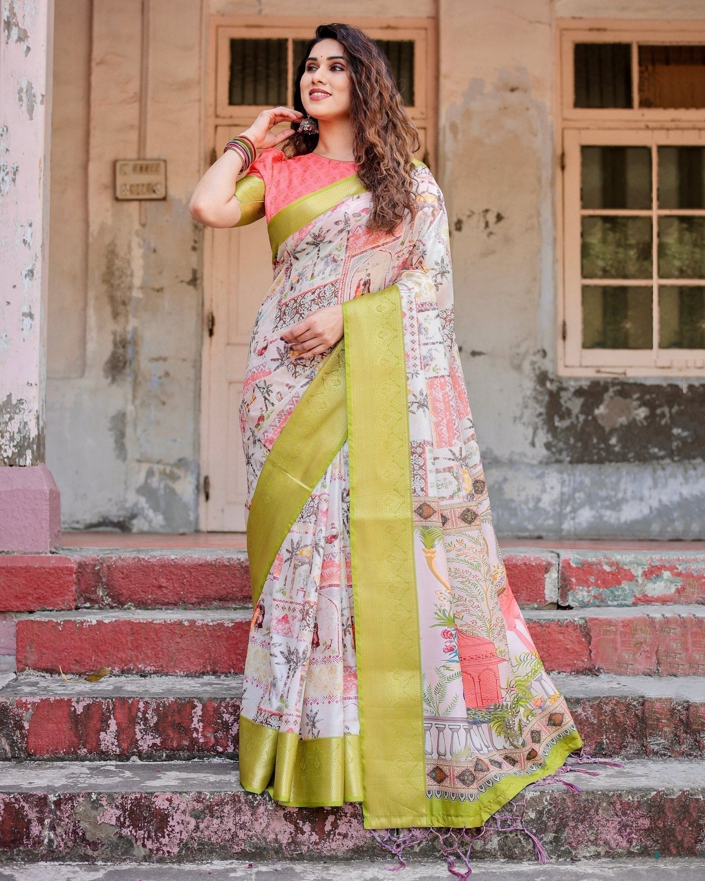 Pure Silk Digitally Printed Saree Weaved With Golden Zari Comes With Tassels - Almaari Fashion