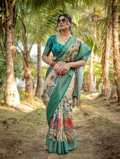 Pure Silk Digitally Printed Saree Weaved With Golden Zari Comes With Tassels - Almaari Fashion