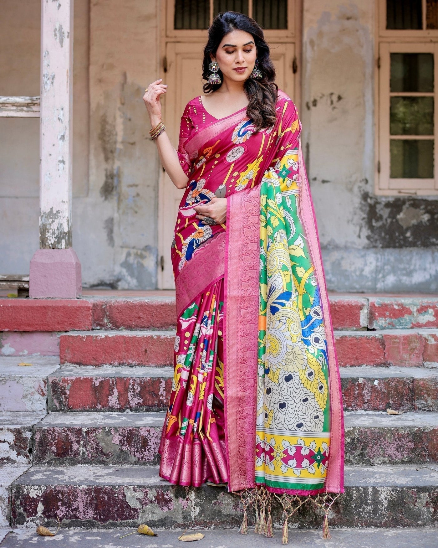 Pure Silk Digitally Printed Saree Weaved With Golden Zari Comes With Tassels - Almaari Fashion