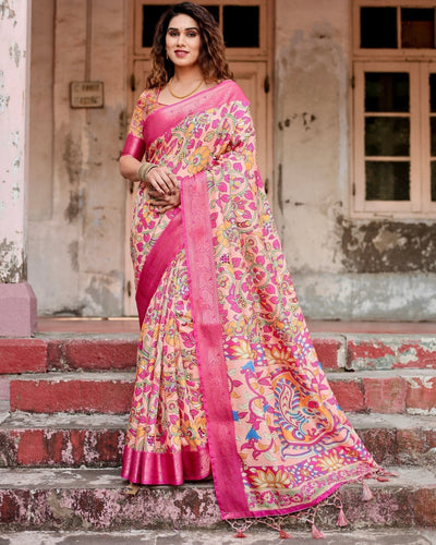 Pure Silk Digitally Printed Saree Weaved With Golden Zari Comes With Tassels - Almaari Fashion