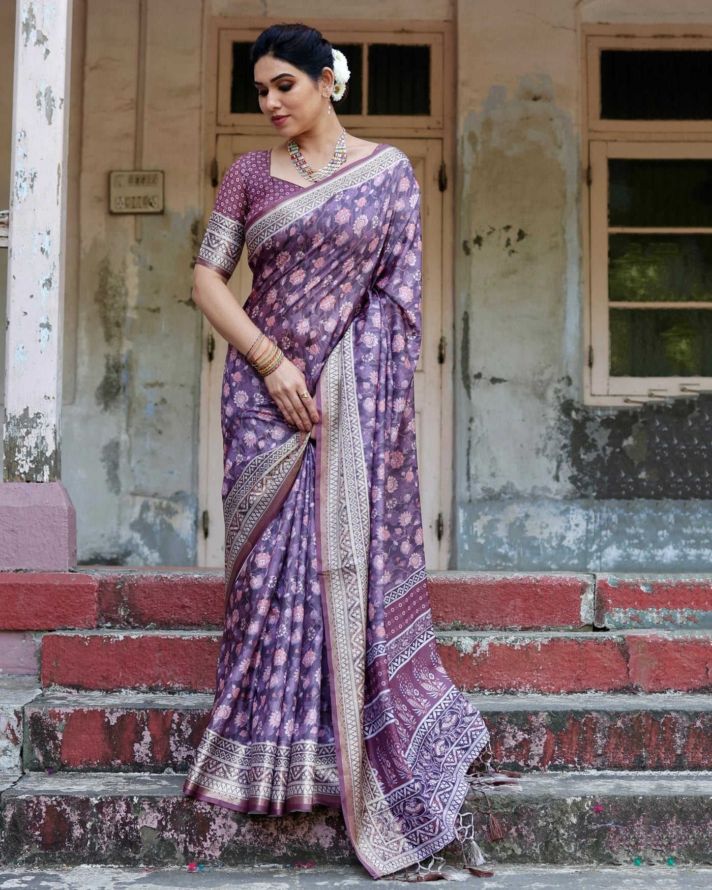 Pure Silk Digitally Printed Saree Weaved With Golden Zari Comes With Tassels - Almaari Fashion