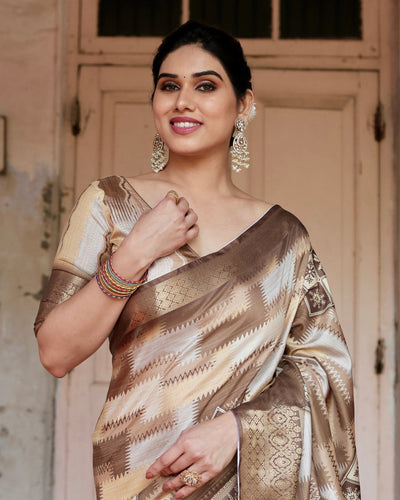 Pure Silk Digitally Printed Saree Weaved With Golden Zari Comes With Tassels - Almaari Fashion