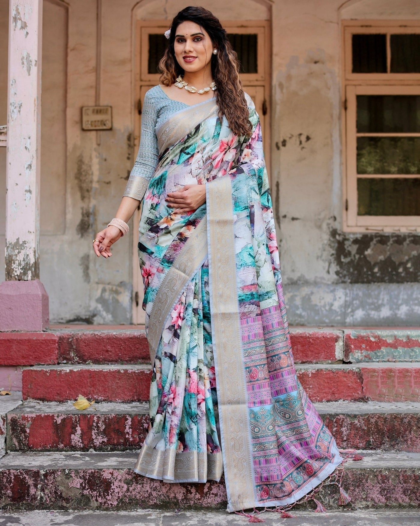 Pure Silk Digitally Printed Saree Weaved With Golden Zari Comes With Tassels - Almaari Fashion