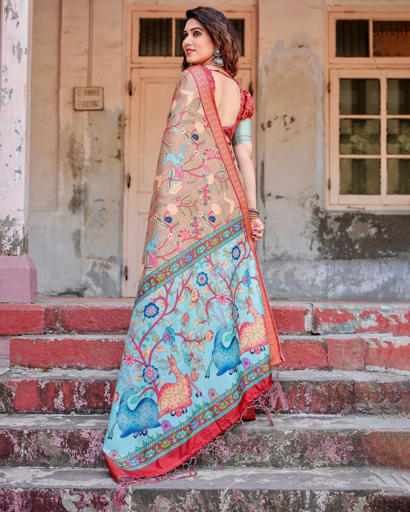 Pure Silk Digitally Printed Saree Weaved With Golden Zari Comes With Tassels - Almaari Fashion