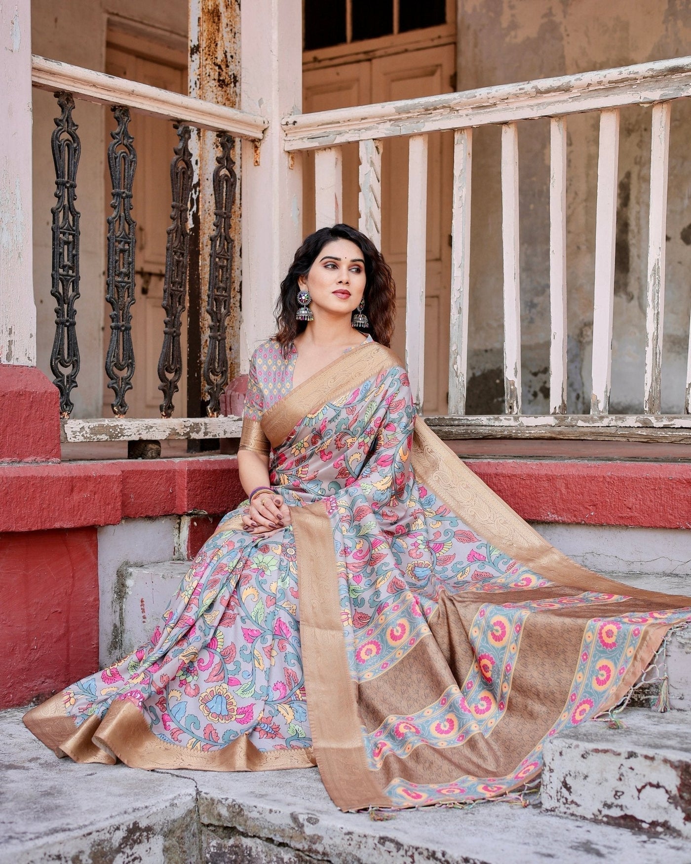 Pure Silk Digitally Printed Saree Weaved With Golden Zari Comes With Tassels - Almaari Fashion