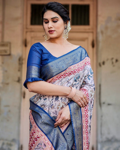 Pure Silk Digitally Printed Saree Weaved With Golden Zari Comes With Tassels - Almaari Fashion