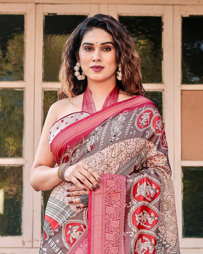 Pure Silk Digitally Printed Saree Weaved With Golden Zari Comes With Tassels - Almaari Fashion