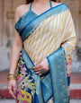 Beige & Teal Banarasi Silk Saree with Intricate Kalamkari and Zari Border