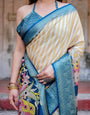 Beige & Teal Tussar Silk Saree with Intricate Kalamkari and Zari Border