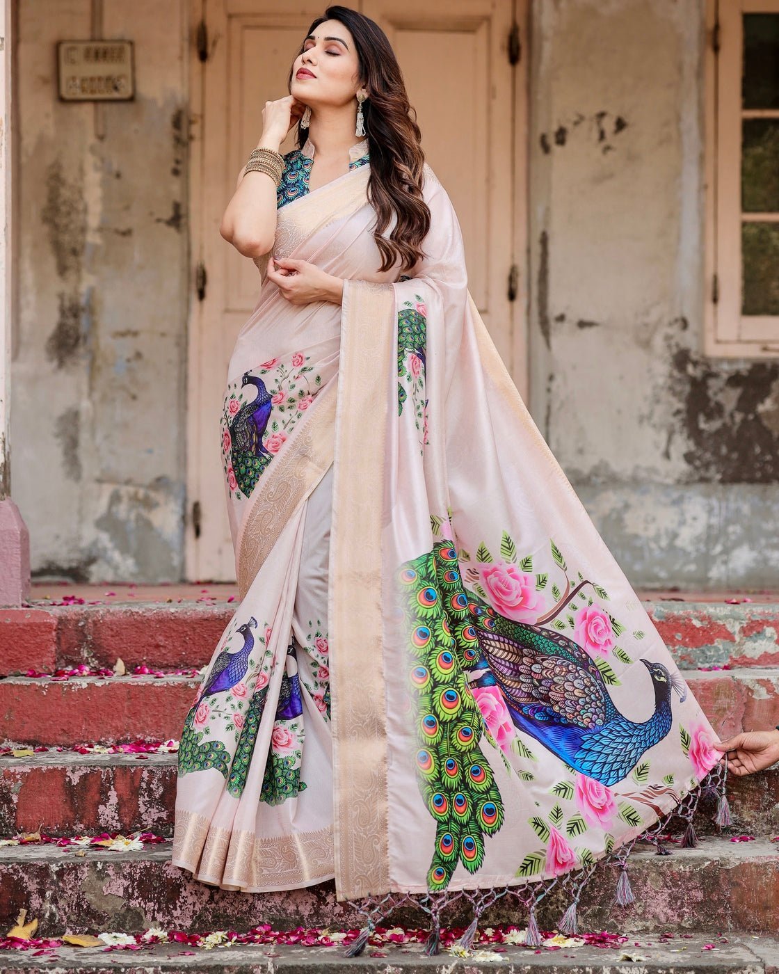 Pure Silk Digitally Printed Saree Weaved With Golden Zari Comes With Tassels - Almaari Fashion