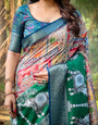 Multicolored Digital Print Banarasi Silk Saree with Intricate Zari Border and Elephant Motif Pallu