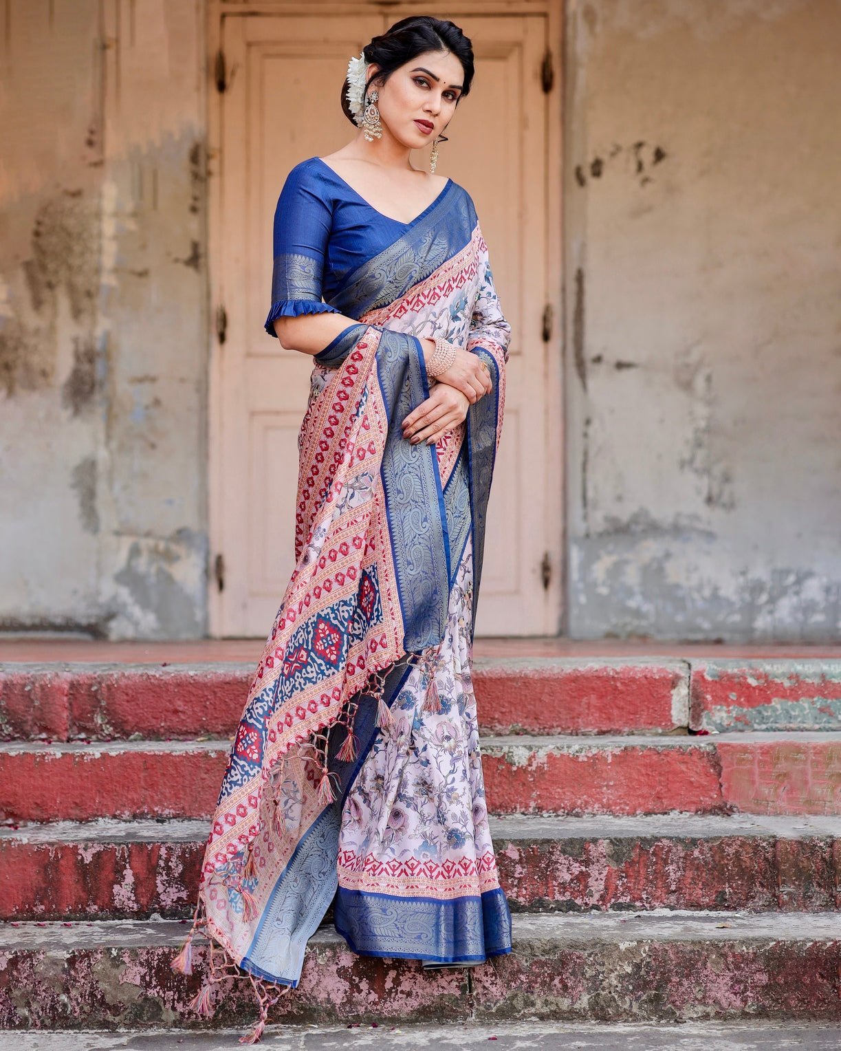 Pure Silk Digitally Printed Saree Weaved With Golden Zari Comes With Tassels - Almaari Fashion