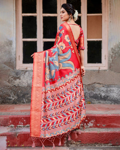 Pure Silk Digitally Printed Saree Weaved With Golden Zari Comes With Tassels - Almaari Fashion