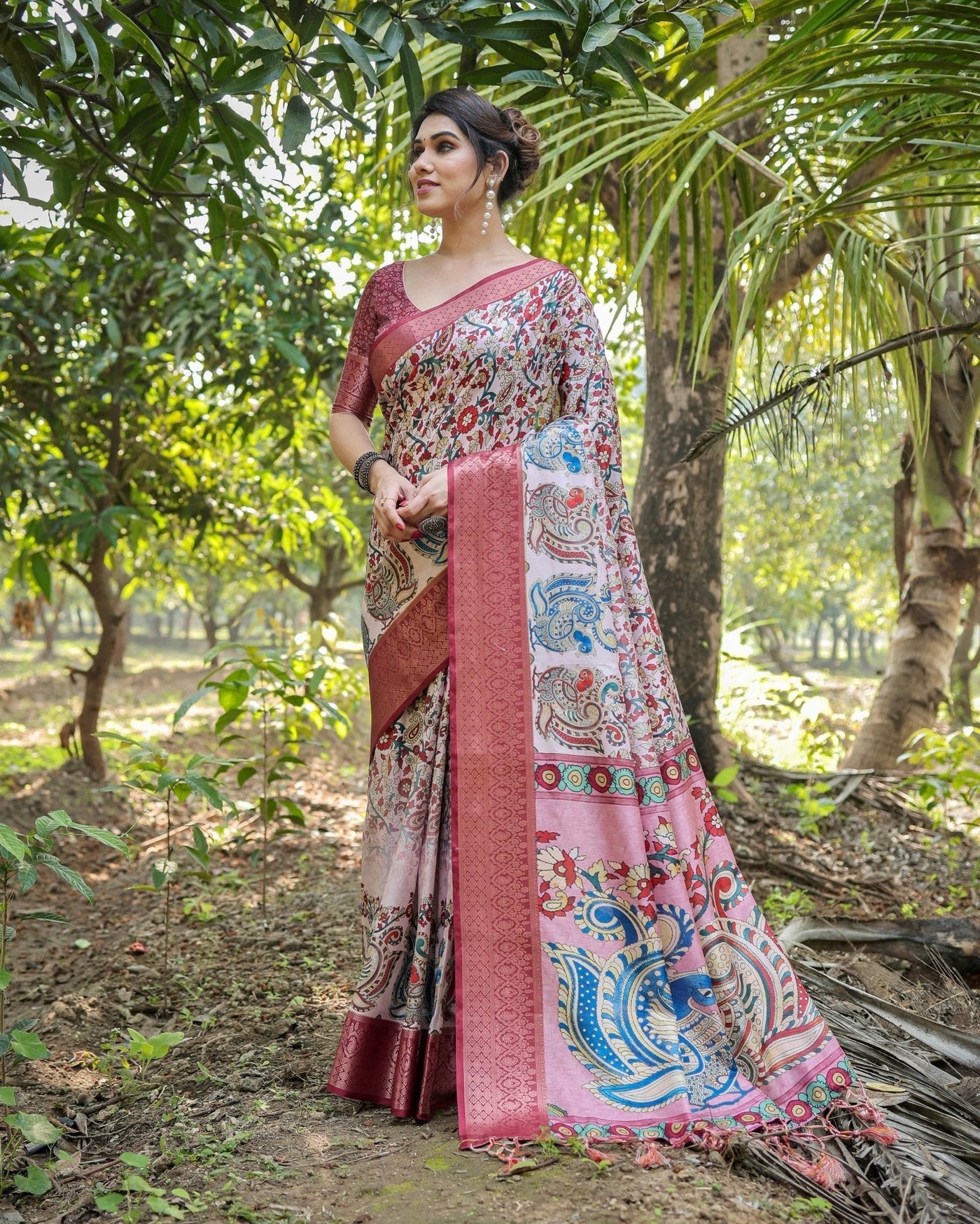 Pure Silk Digitally Printed Saree Weaved With Golden Zari Comes With Tassels - Almaari Fashion