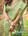 Elegant Light Green Banarasi Silk Saree with Zari Motif Border and Contemporary Checkered Pallu Design