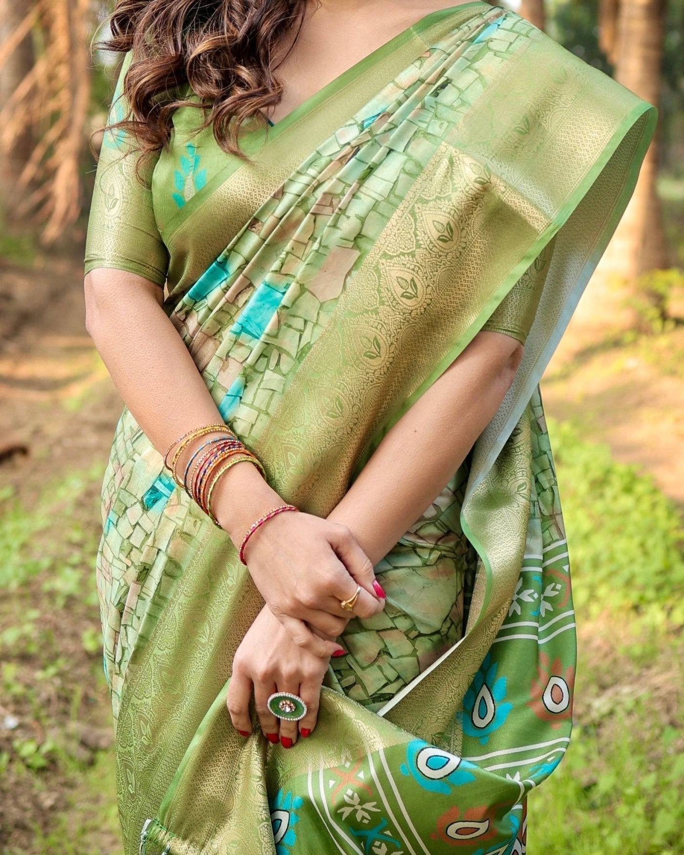 Pure Silk Digitally Printed Saree Weaved With Golden Zari Comes With Tassels - Almaari Fashion