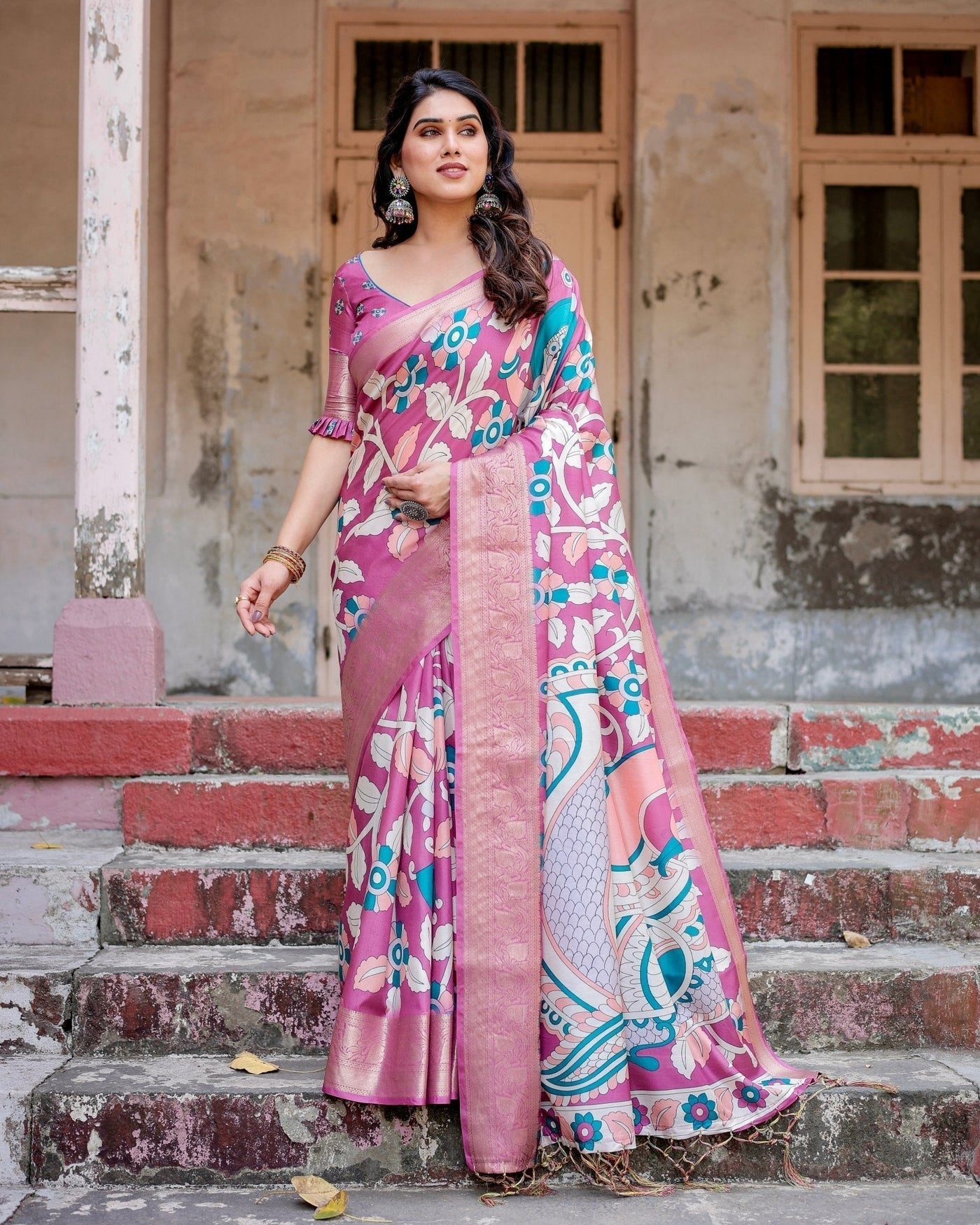 Pure Silk Digitally Printed Saree Weaved With Golden Zari Comes With Tassels - Almaari Fashion