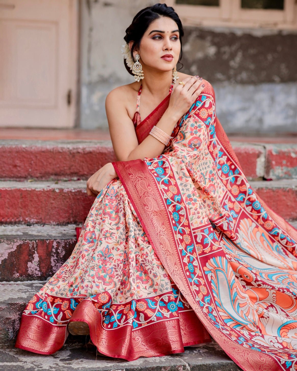 Pure Silk Digitally Printed Saree Weaved With Golden Zari Comes With Tassels - Almaari Fashion