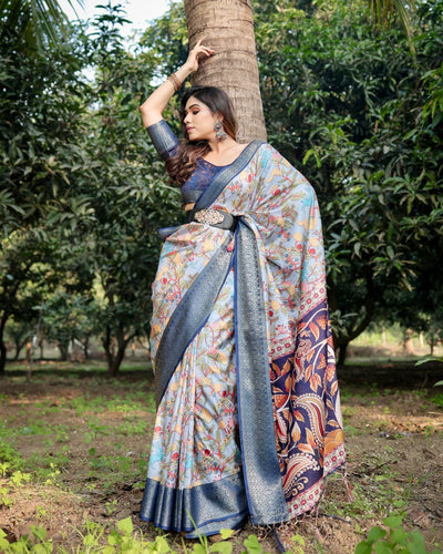 Pure Silk Digitally Printed Saree Weaved With Golden Zari Comes With Tassels - Almaari Fashion