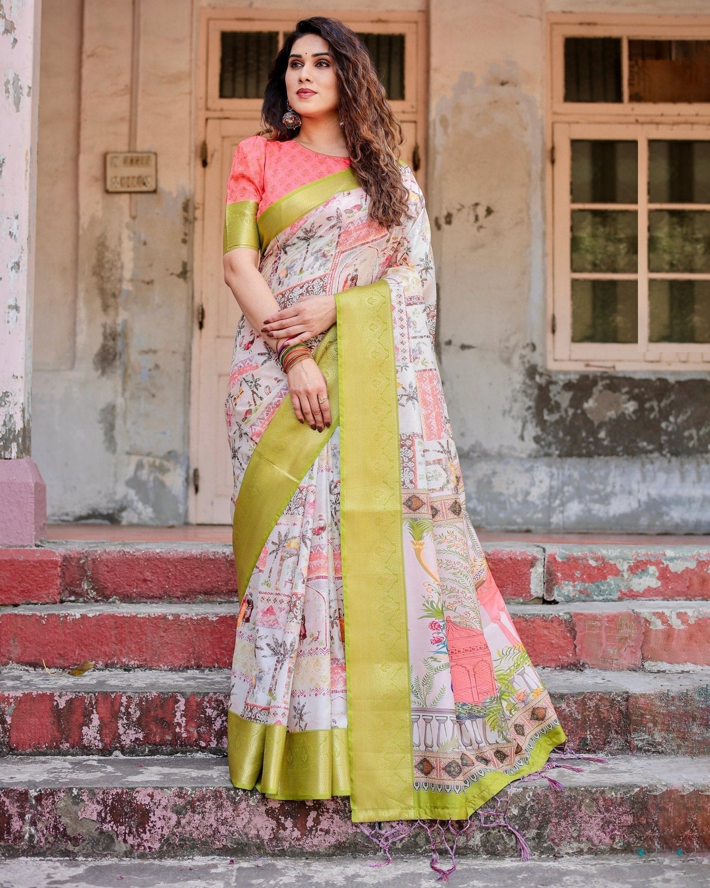 Pure Silk Digitally Printed Saree Weaved With Golden Zari Comes With Tassels - Almaari Fashion