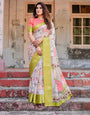 Pastel Tussar Silk Saree with Lime Green Zari Border and Hand-Painted Heritage Designs