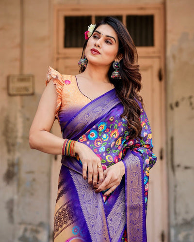 Pure Silk Digitally Printed Saree Weaved With Golden Zari Comes With Tassels - Almaari Fashion