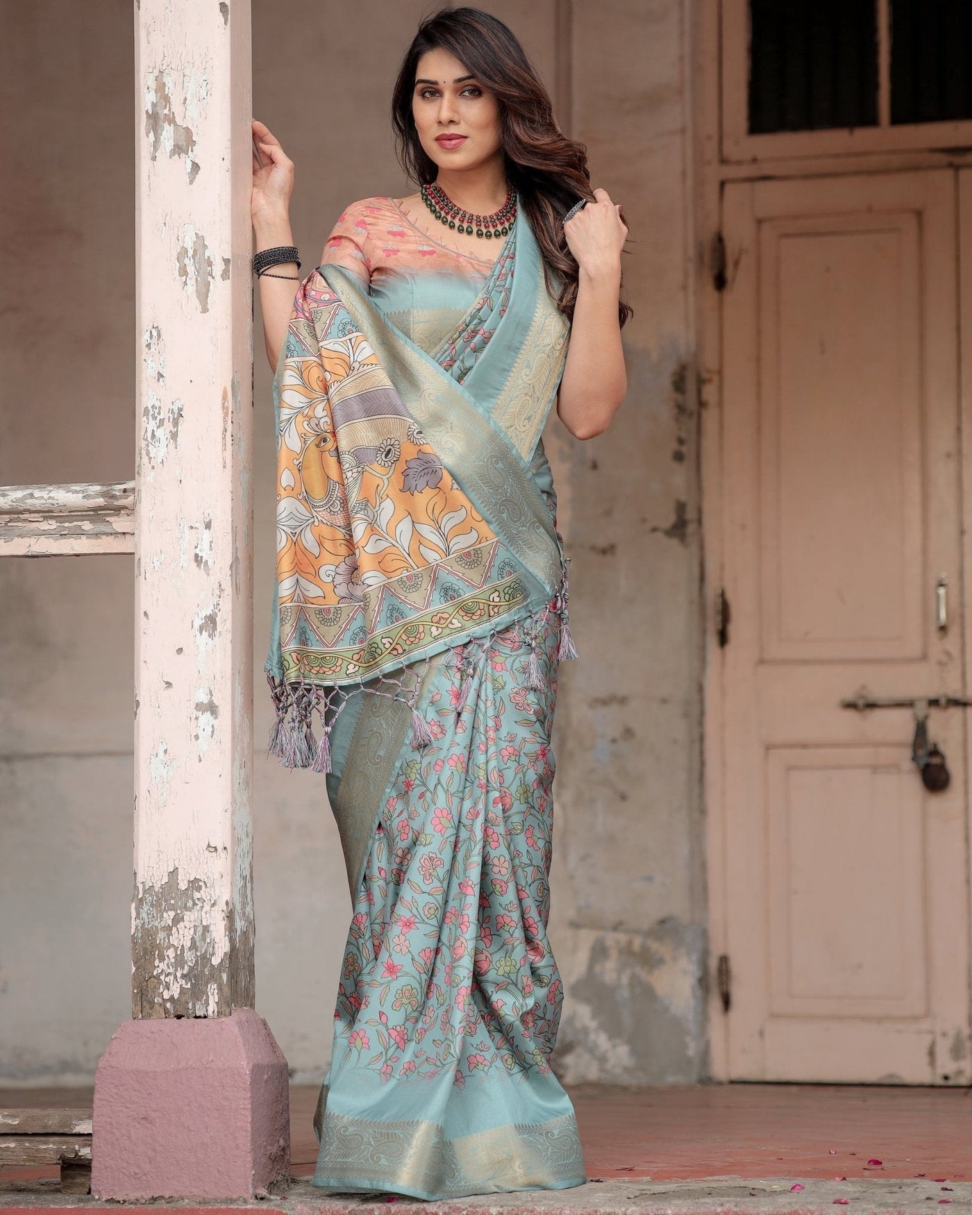 Pure Silk Digitally Printed Saree Weaved With Golden Zari Comes With Tassels - Almaari Fashion