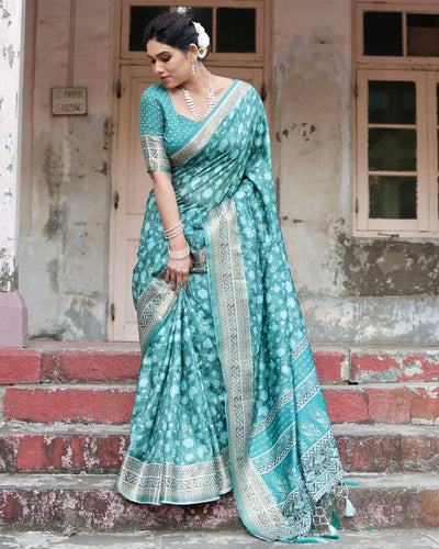 Pure Silk Digitally Printed Saree Weaved With Golden Zari Comes With Tassels - Almaari Fashion