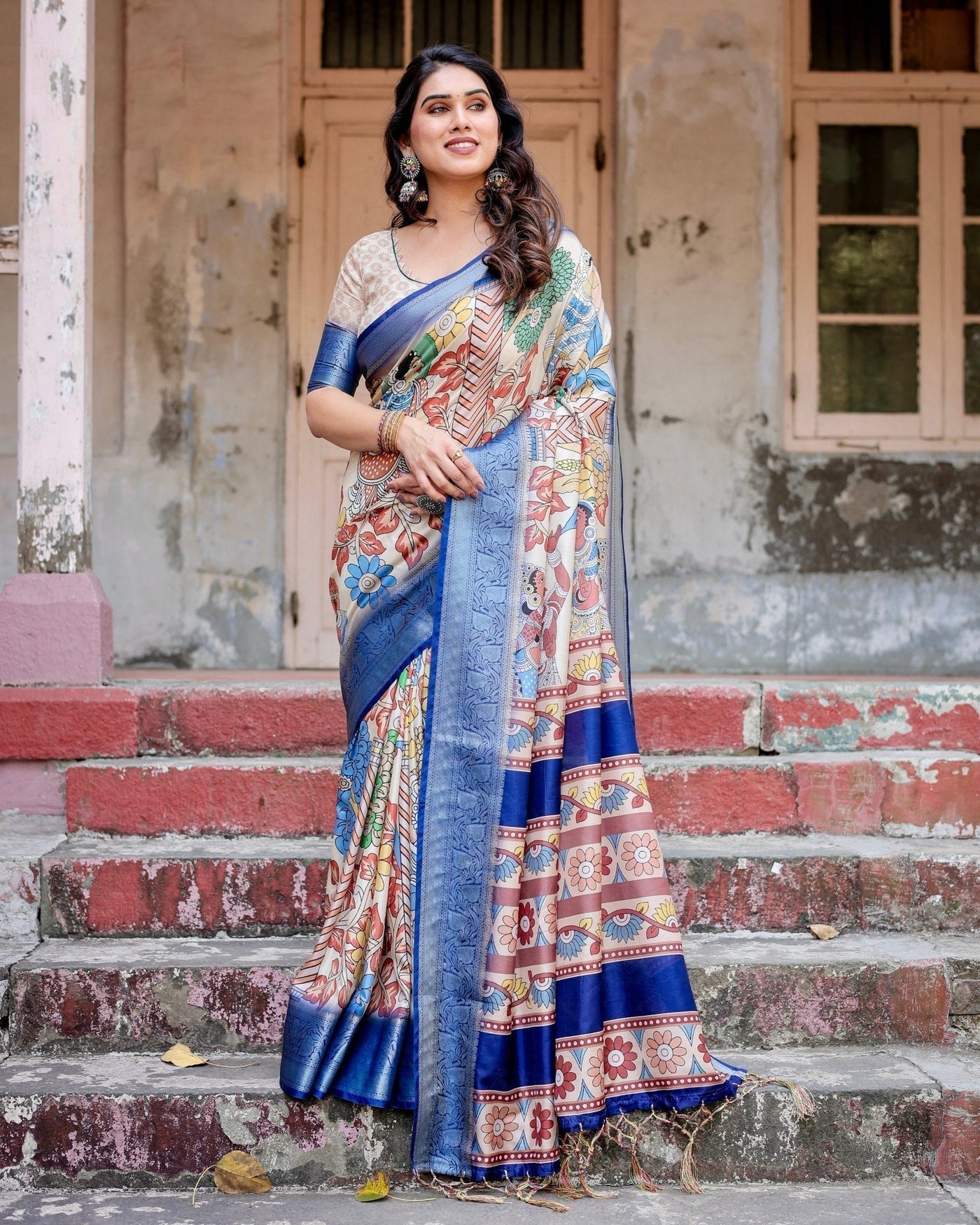 Pure Silk Digitally Printed Saree Weaved With Golden Zari Comes With Tassels - Almaari Fashion