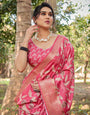 Vibrant Pink Tussar Silk Saree with Intricate Zari Border and Modern Floral Pallu