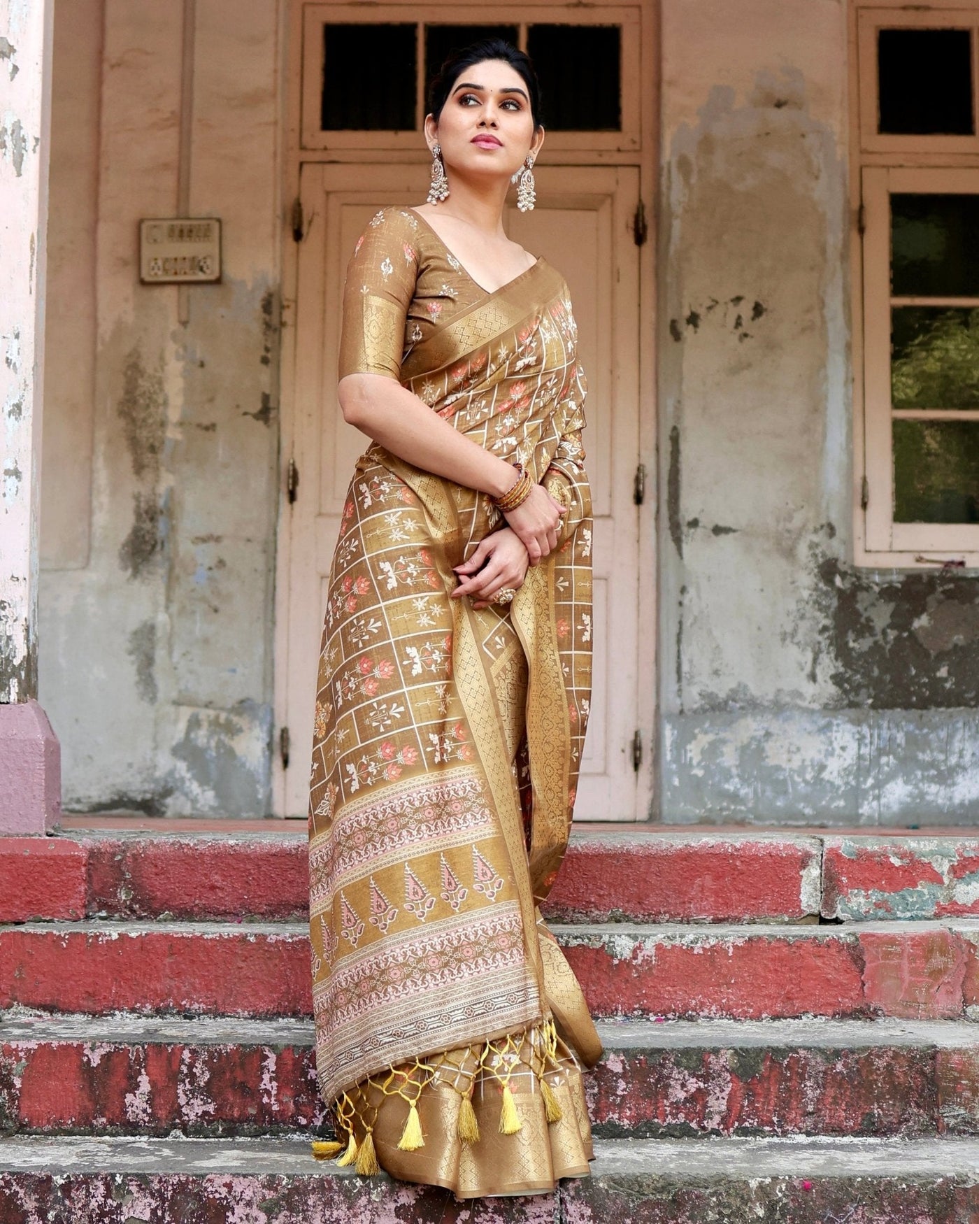 Pure Silk Digitally Printed Saree Weaved With Golden Zari Comes With Tassels - Almaari Fashion