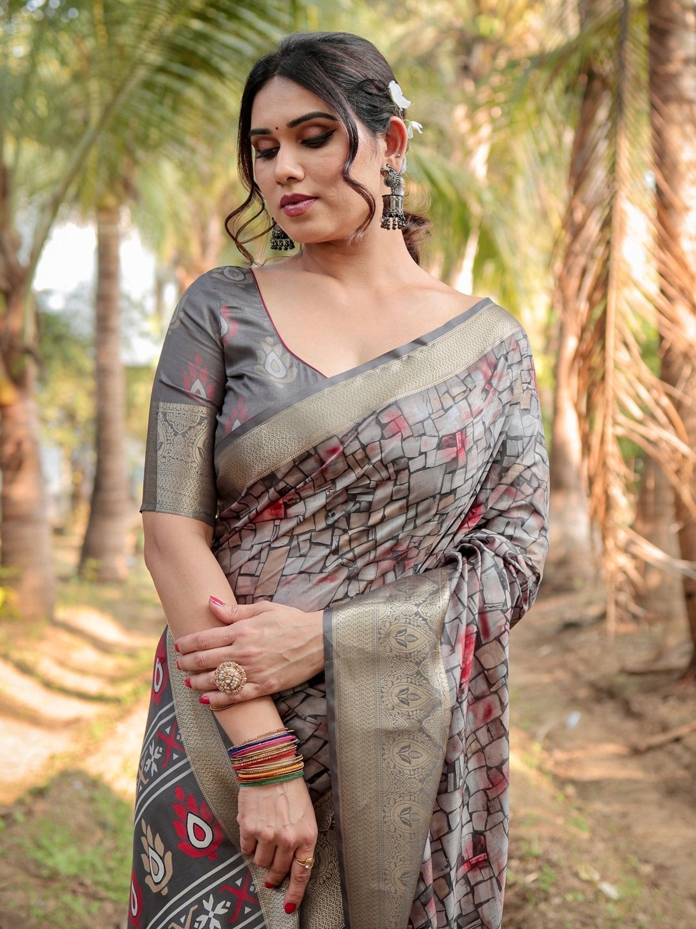 Pure Silk Digitally Printed Saree Weaved With Golden Zari Comes With Tassels - Almaari Fashion