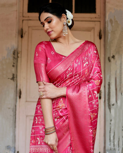 Pure Silk Digitally Printed Saree Weaved With Golden Zari Comes With Tassels - Almaari Fashion