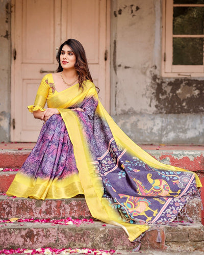 Pure Silk Digitally Printed Saree Weaved With Golden Zari Comes With Tassels - Almaari Fashion