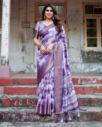 Pure Silk Digitally Printed Saree Weaved With Golden Zari Comes With Tassels - Almaari Fashion