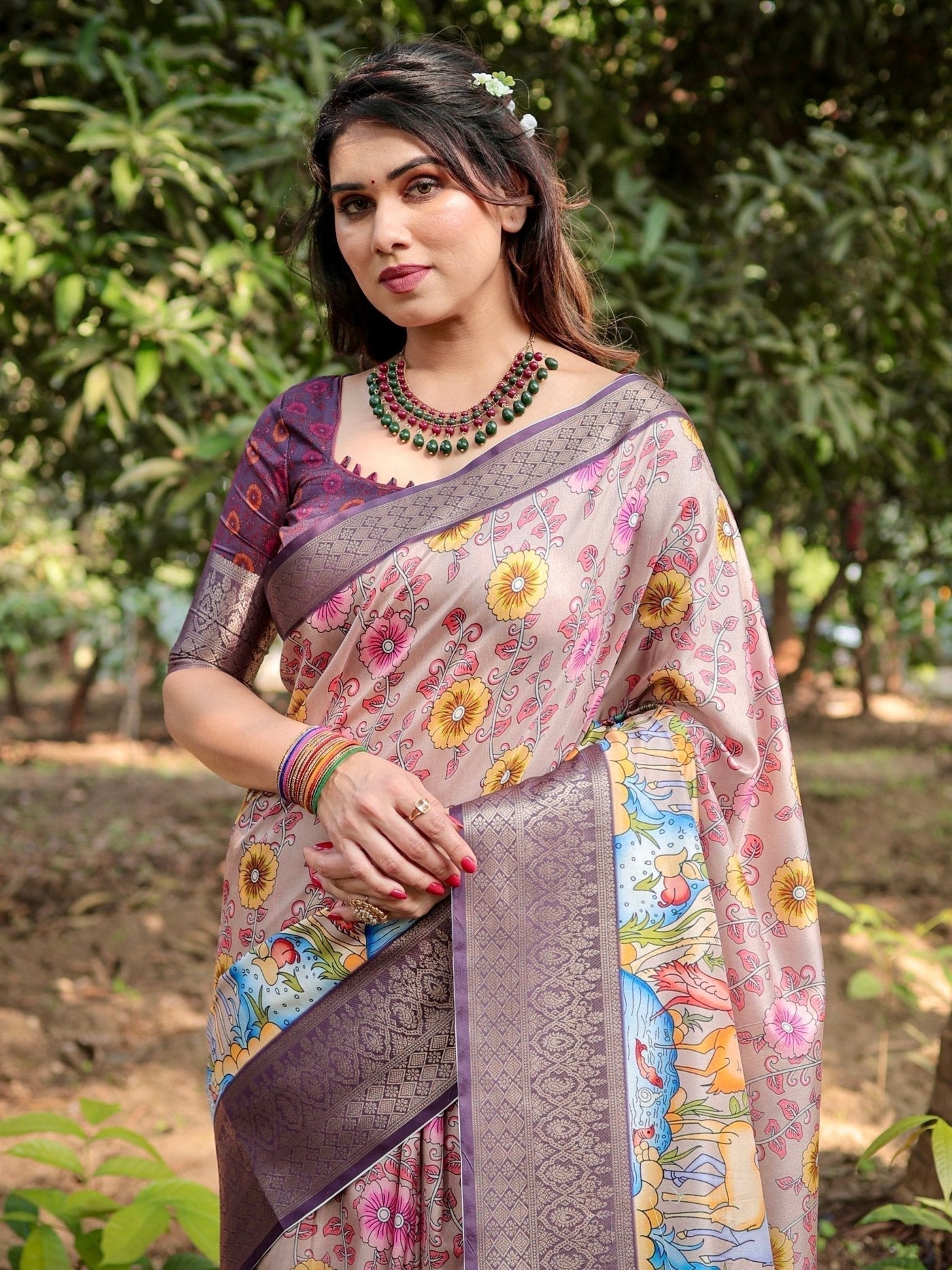 Pure Silk Digitally Printed Saree Weaved With Golden Zari Comes With Tassels - Almaari Fashion