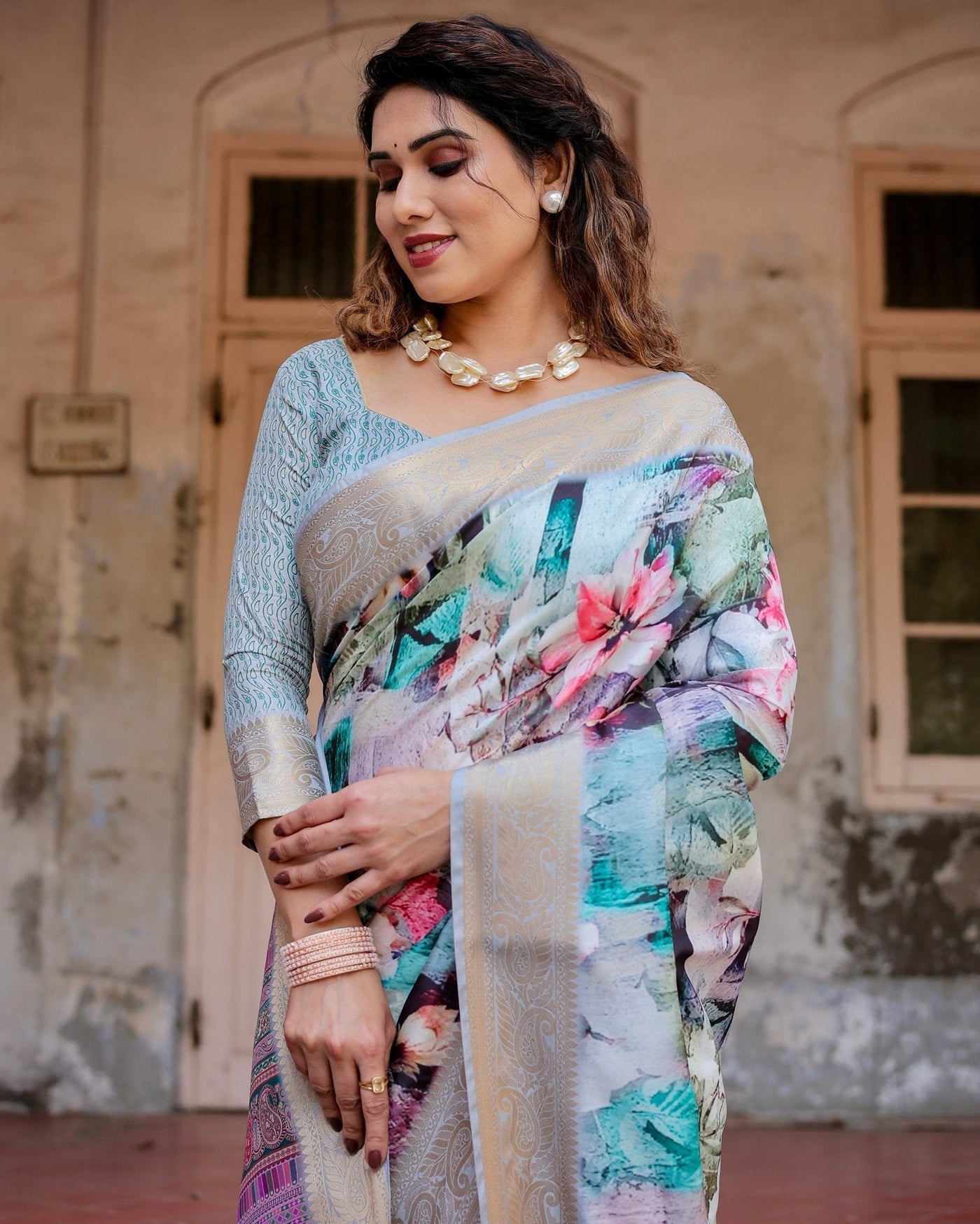 Pure Silk Digitally Printed Saree Weaved With Golden Zari Comes With Tassels - Almaari Fashion