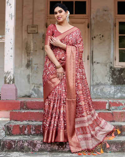 Pure Silk Digitally Printed Saree Weaved With Golden Zari Comes With Tassels - Almaari Fashion