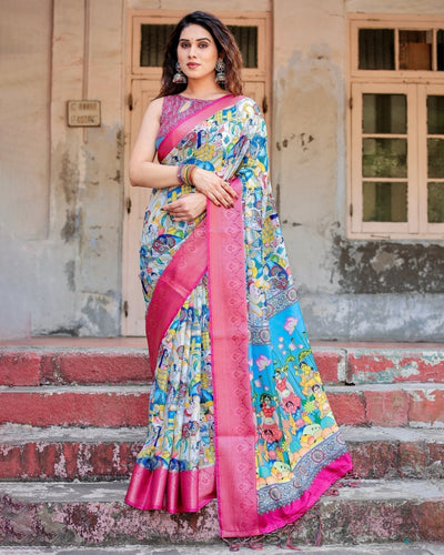 Pure Silk Digitally Printed Saree Weaved With Golden Zari Comes With Tassels - Almaari Fashion