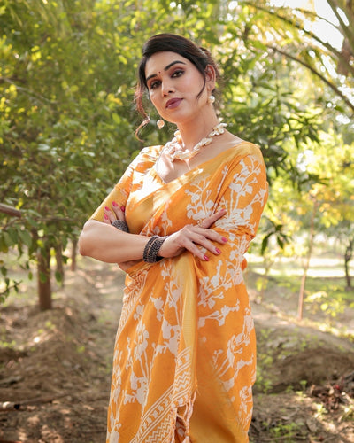 Pure Silk Digitally Printed Saree Weaved With Golden Zari Comes With Tassels - Almaari Fashion