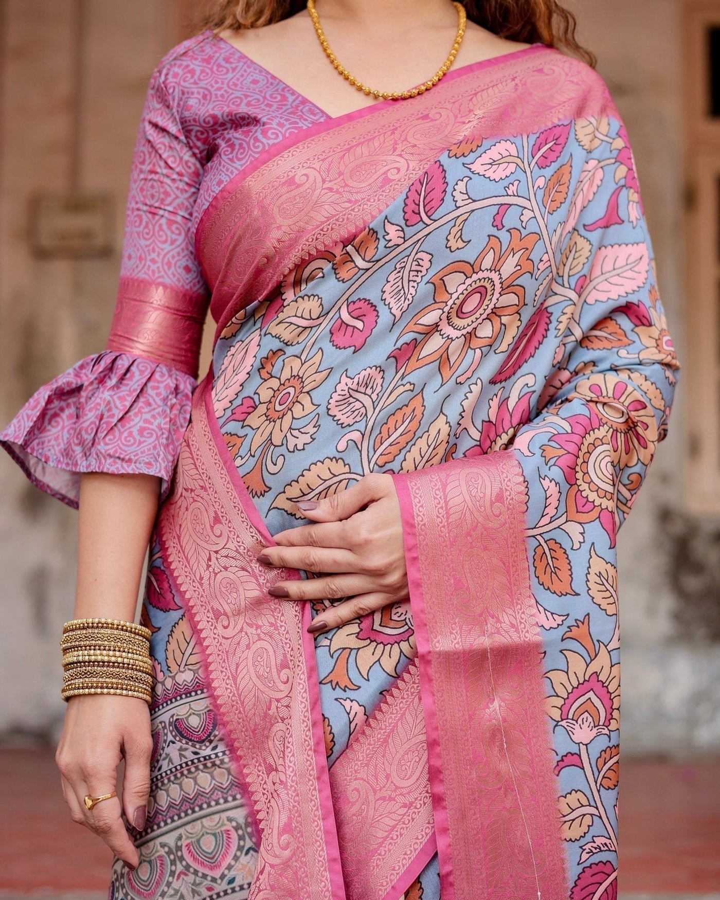 Pure Silk Digitally Printed Saree Weaved With Golden Zari Comes With Tassels - Almaari Fashion