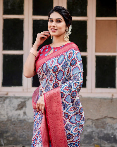 Pure Silk Digitally Printed Saree Weaved With Golden Zari Comes With Tassels - Almaari Fashion