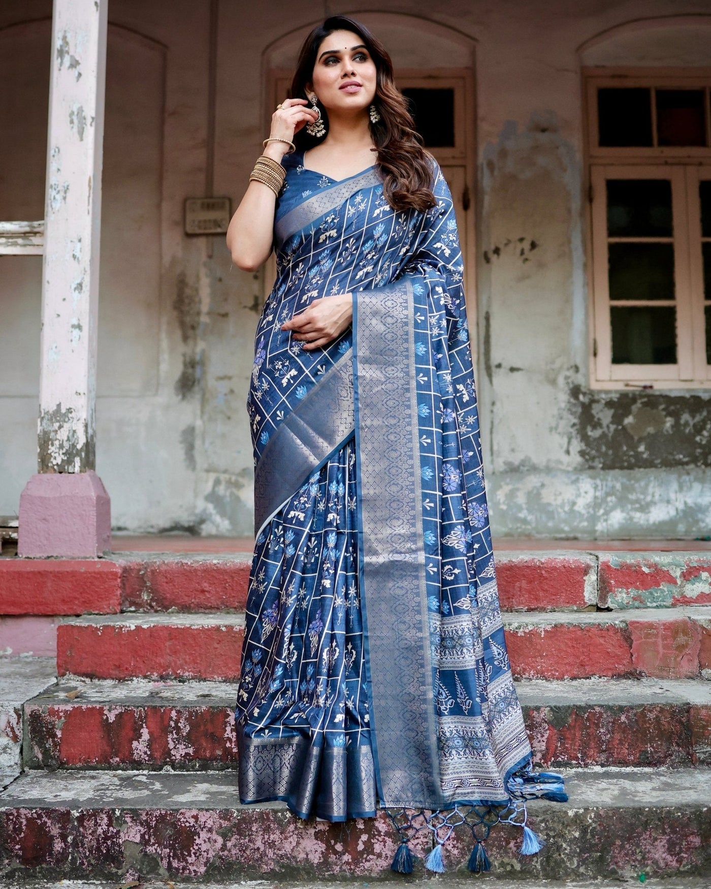 Pure Silk Digitally Printed Saree Weaved With Golden Zari Comes With Tassels - Almaari Fashion