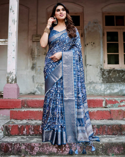 Pure Silk Digitally Printed Saree Weaved With Golden Zari Comes With Tassels - Almaari Fashion