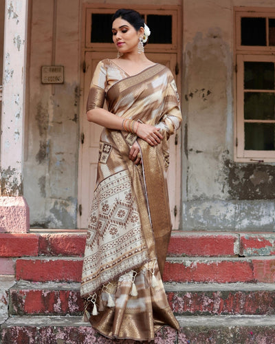 Pure Silk Digitally Printed Saree Weaved With Golden Zari Comes With Tassels - Almaari Fashion