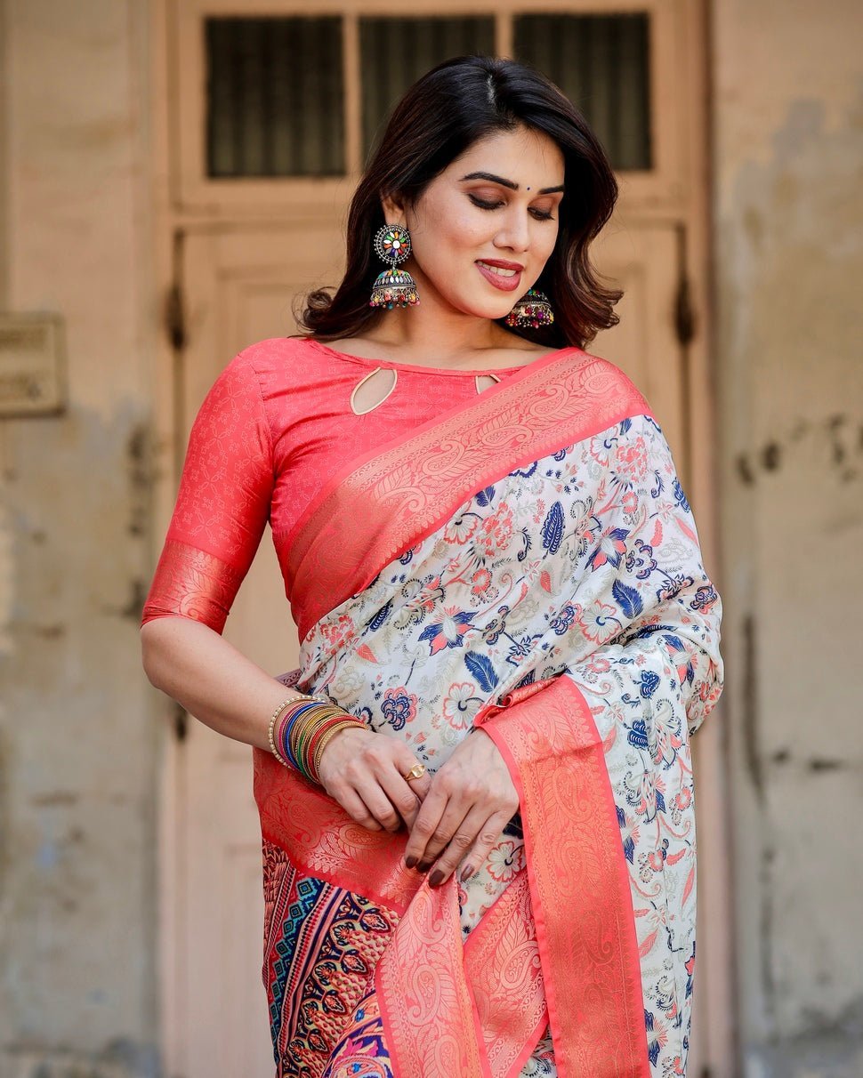 Pure Silk Digitally Printed Saree Weaved With Golden Zari Comes With Tassels - Almaari Fashion