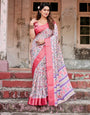 Blush Pink Tussar Silk Saree with Multicolor Floral Design and Zari Paisley Border