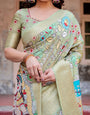 Pastel Green Banarasi Silk Saree with Mythological Kalamkari Pallu and Zari Border