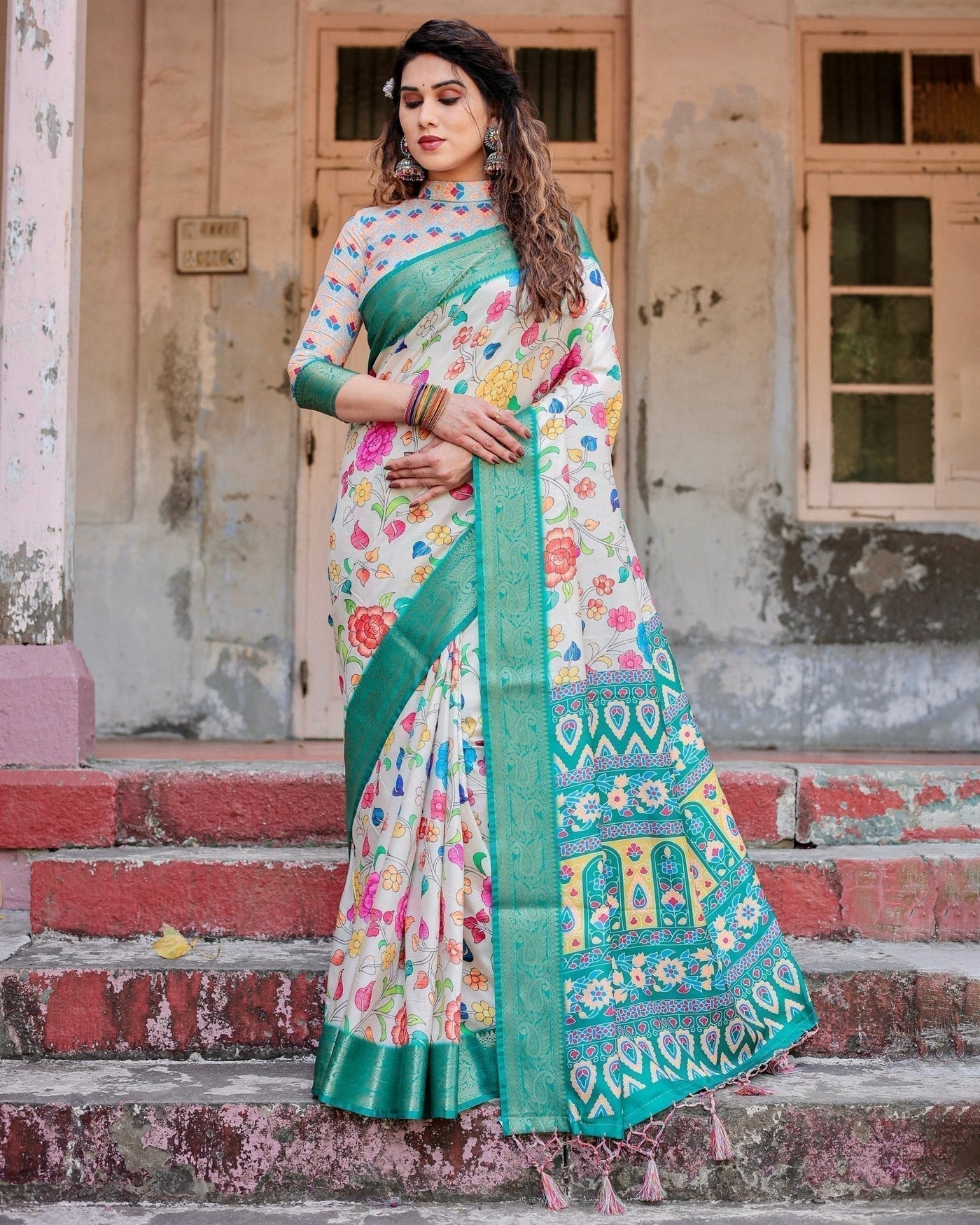 Pure Silk Digitally Printed Saree Weaved With Golden Zari Comes With Tassels - Almaari Fashion