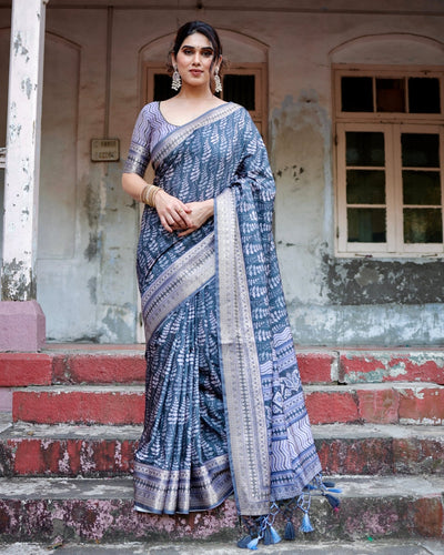 Pure Silk Digitally Printed Saree Weaved With Golden Zari Comes With Tassels - Almaari Fashion